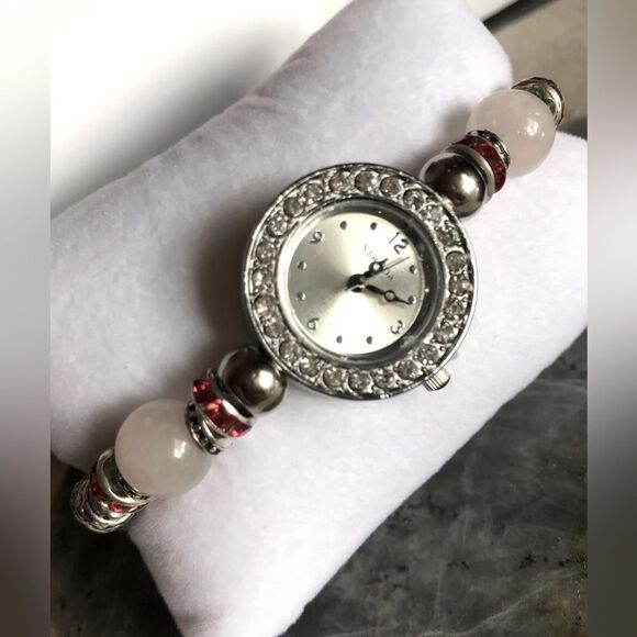 Luxury Galilea Rose Quartz Crystal Bracelet Watch Red & White Austrian Crystals - Picture 3 of 9
